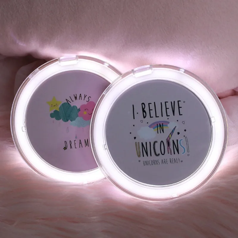 LED Mini Round Mirror Compact For Makeup Pocket Face Cosmetic Lip Portable Travel Lighting Folding | Красота и здоровье