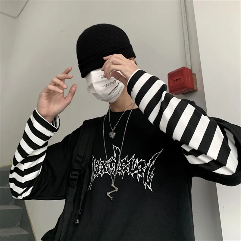 Lychee Harajuku Лоскутная полосатая женская футболка поддельные 2 шт Женская футболка с буквенным принтом с длинным рукавом женские футболки