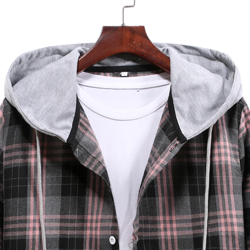 

High Quality Hooded Long-Sleeved Shirts Male Couple Ms. Casual Plaid Print Shirt Street Fashion