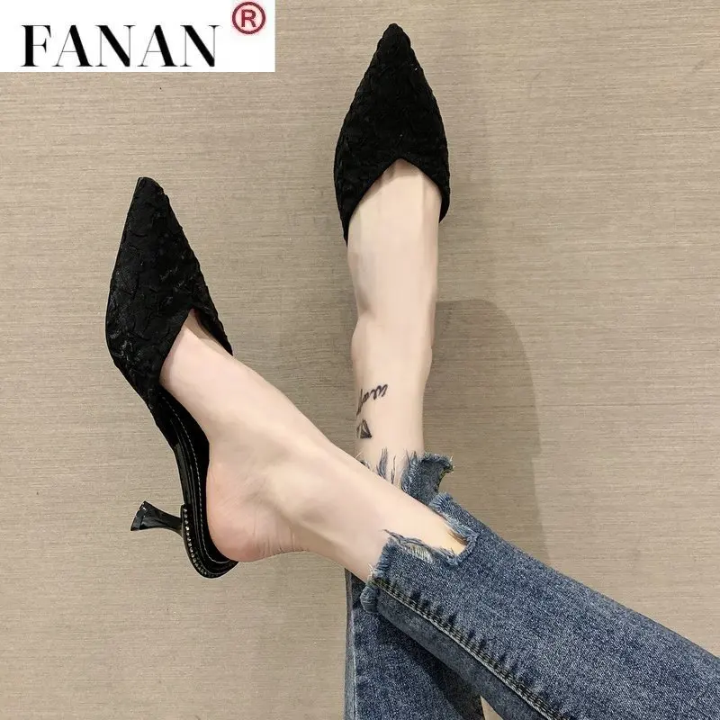 

Knitted Elastic Mesh slippers women 2021Summer shoes women Fashion Pointed Toe Slides Spike Heels Beige Mules female shoes Hot