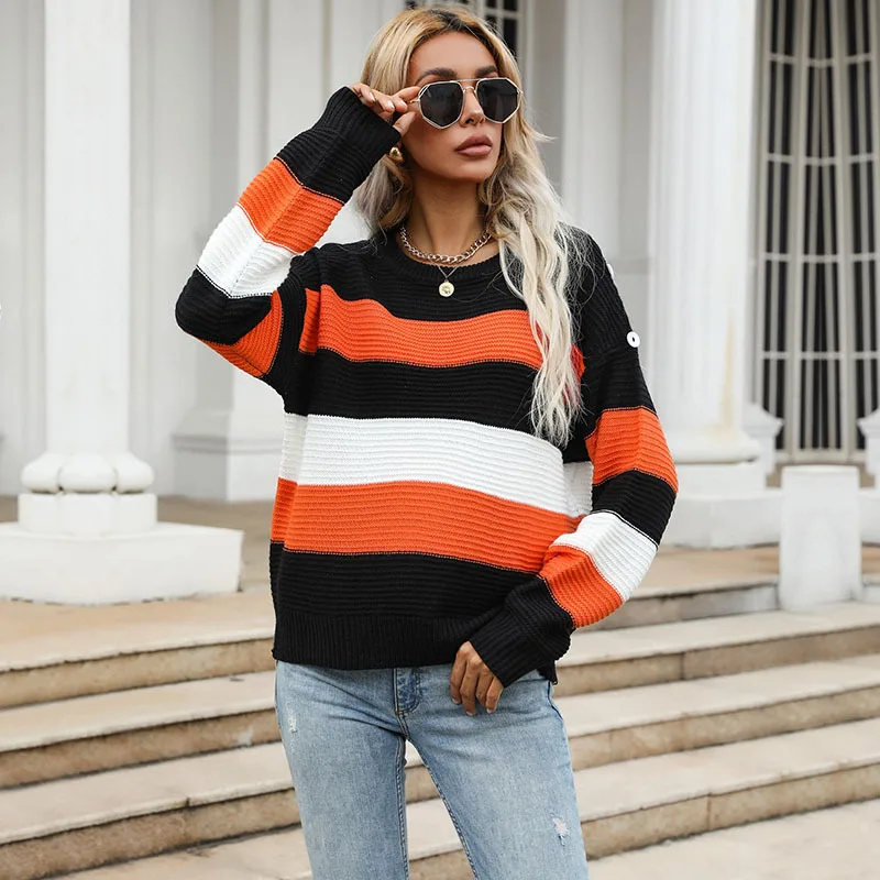 

2021 Autumn New European and American Long-sleeved Color Striped Pullover Sweater Women Fashion Temperament Sweater Women