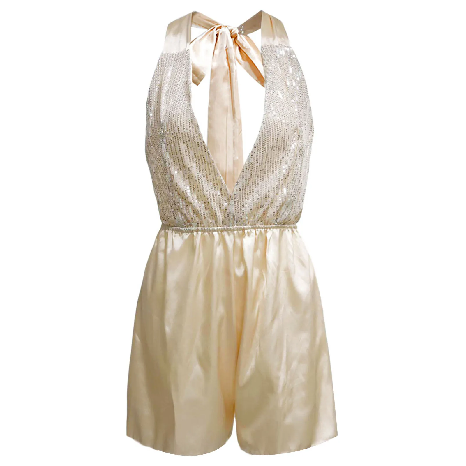 

Женский цельный комбидресс с открытой спиной и глубокой юбкой-халтером, модный комбидресс без рукавов, женский комбинезон с блестками