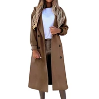 dropshipping women long coat solid color double breasted autumn winter warm suit collar long sleeve overcoat for office
