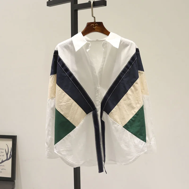 

Женская блузка с длинным рукавом, белая, в Корейском стиле, с бантом, в стиле пэчворк, на весну, 2020