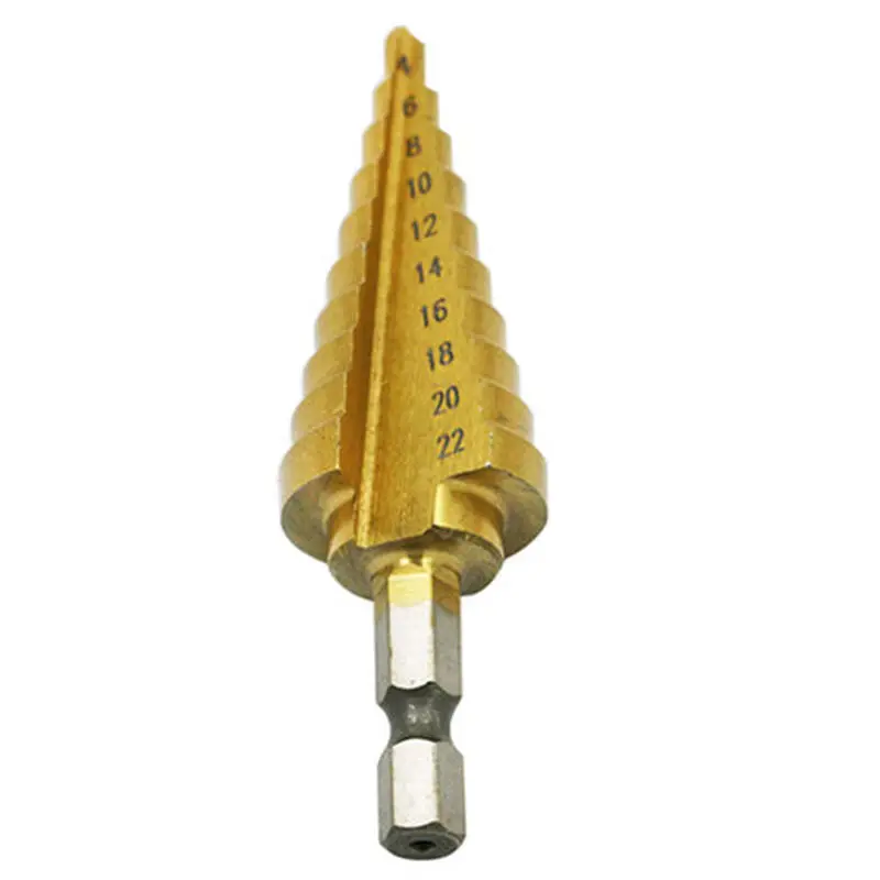 

1Pc Hex Titanium Coated Step Cone Drill Bit Hole Cutter 4-22mm High Speed Steel