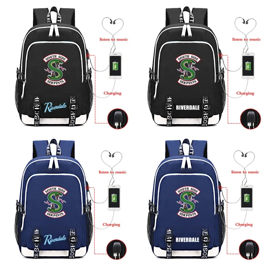 

Riverdale South Side Serpents Canvas USB Charging Backpack Schoolbag Mochila Teenager Black Packsack Men's Travel Laptop Bag