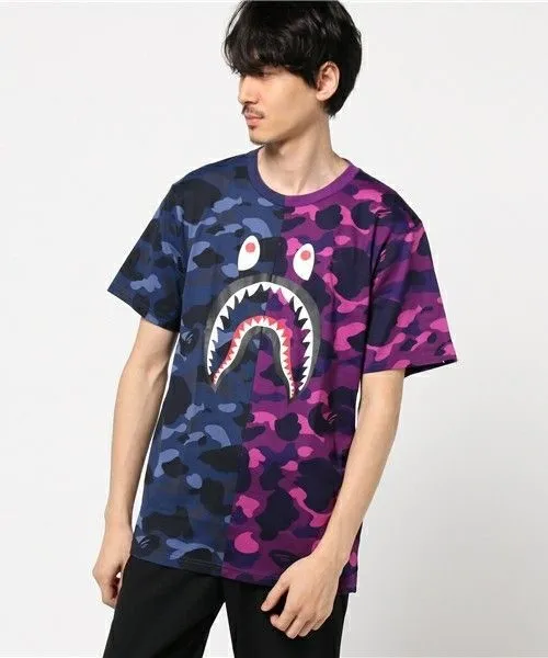 

Camouflage Colorblock Print T-shirt Bape Shark Harajuku Summer Cotton Casual Men Clothing Couple Short Sleeve