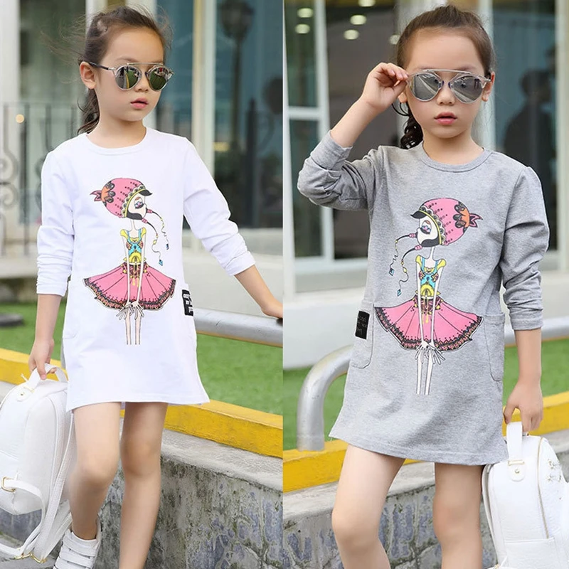 

3-12Y Children Kids Girls Dress Cartoon Print Princess Dress Fresh Cotton Long Sleeve Loose Dresses 2020 Spring Casual Clothes
