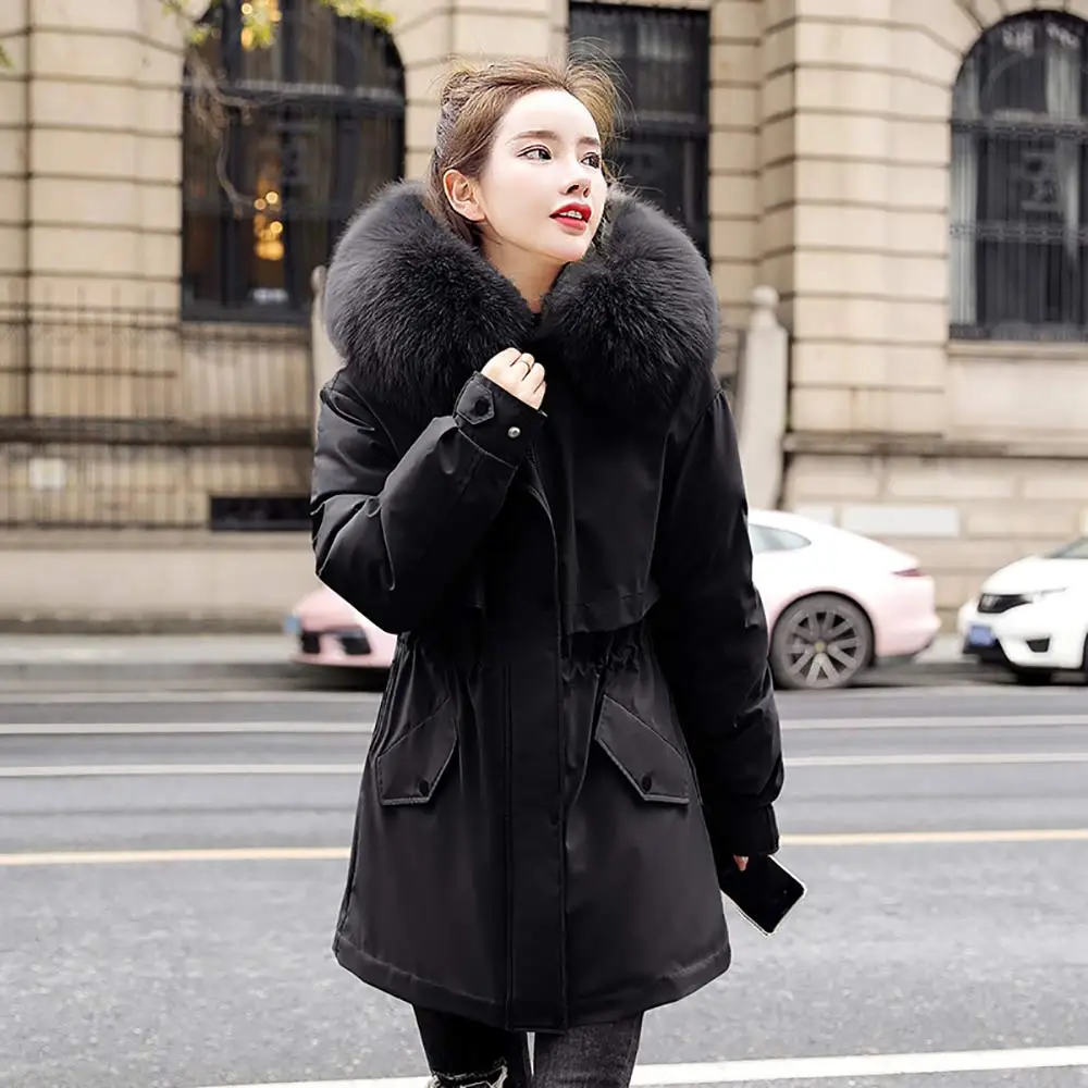 PinkyIsBlack New Women Long Winter Jacket Cotton-Padded Thick Drawstring Parkas Fur Liner Warm Casual Hooded Winter Coat Female