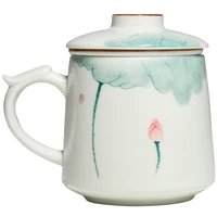 hand painted pink lotus tea cup simple water cup ceramic household office mug with strainer tea cup coffee mug