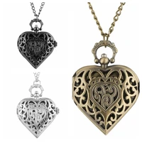 love heart shape quartz pocket watch bronzesilverblack necklace pendant chain ladies watch best souvenir gifts for girls women