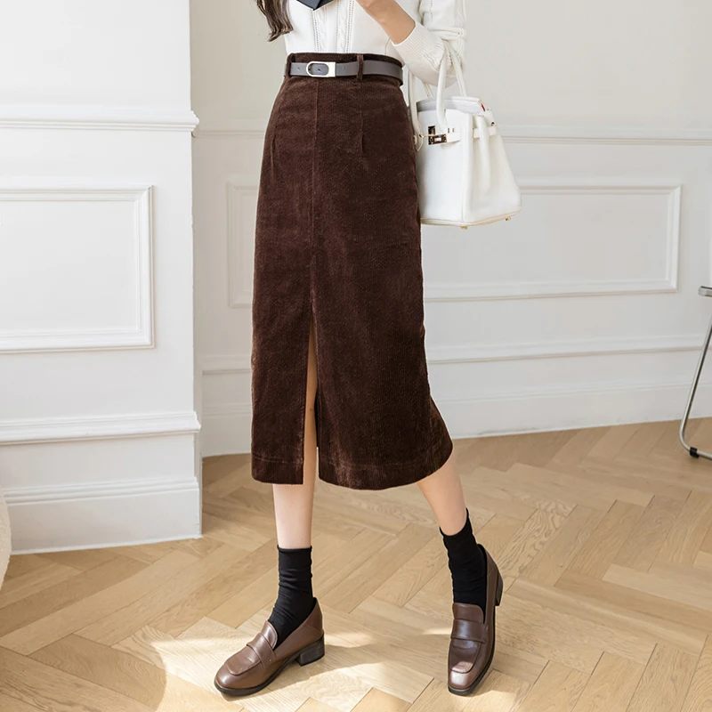 

2021 Vintage Corduroy Skirt Women's Fashion Belted High Waist Casual Skirts Pocket Midi Long Slit Skirt Jupe Femme Saias Longas