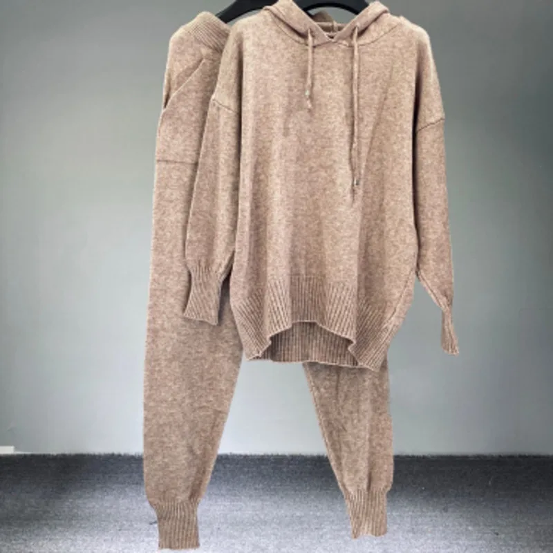 

2021 Autumn Winter Casual Knitted Two Piece Sets Womens Outfits High Waist Pants+ Hooded Pullovers Sweater Tracksuits Harem Pant