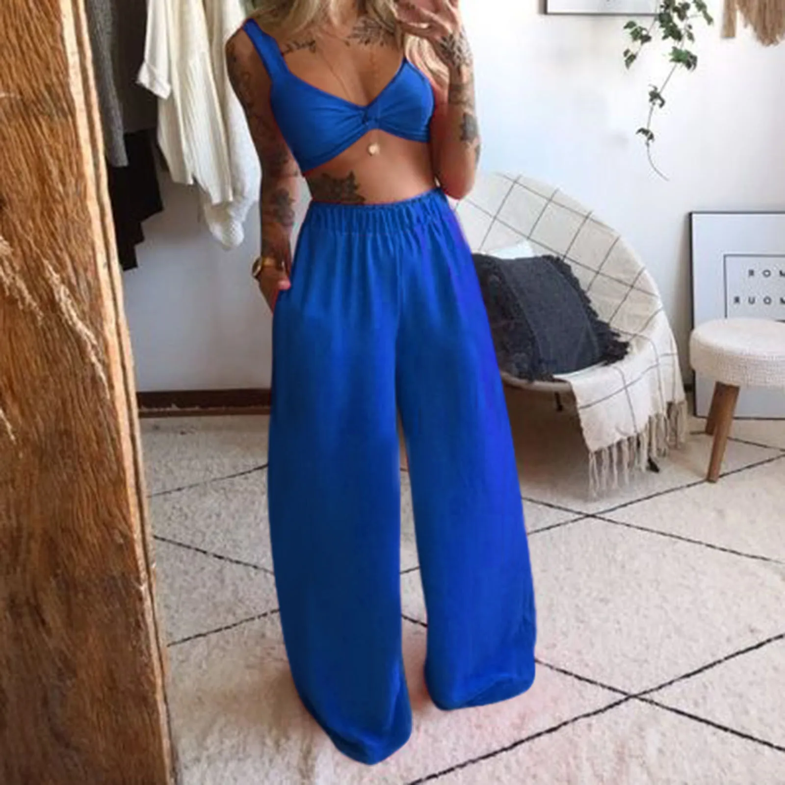 

2 Piece Set Summer Women Beach Outfits Solid Sleeveless Crop Camis +wide Leg Long Pants Two Piece Suit Women Outfits Female