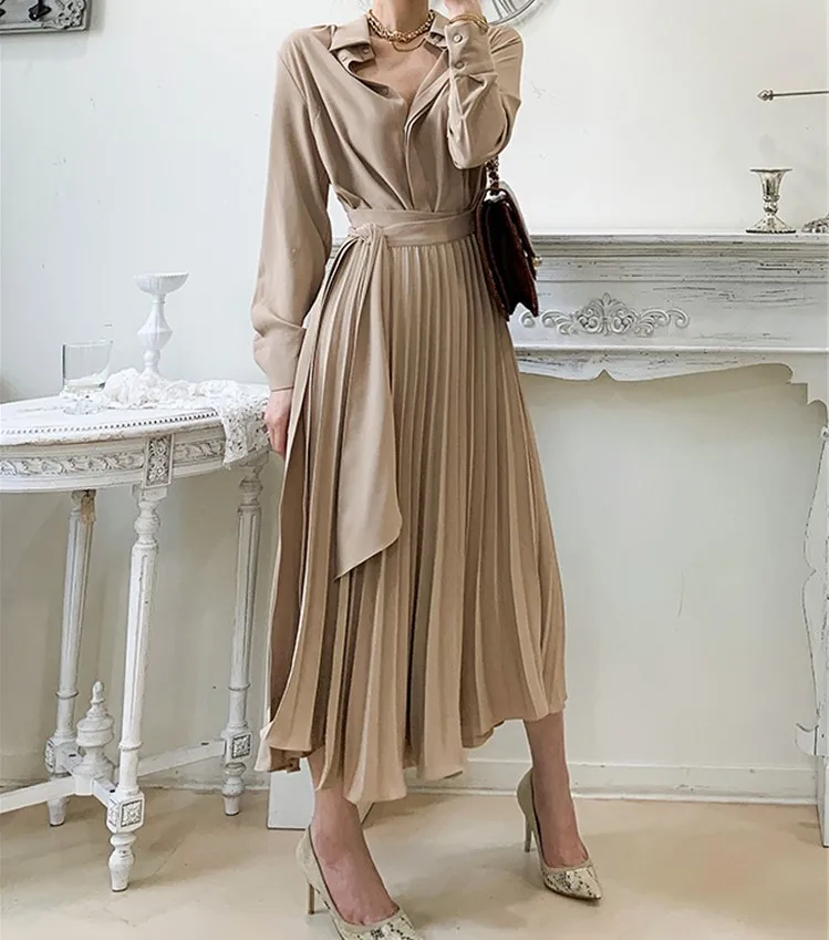 

New 2021 Women Autumn Winter Dresses Vintage Elegant One Piece Lace Up Fashionable Pure Pleated Long Dresses