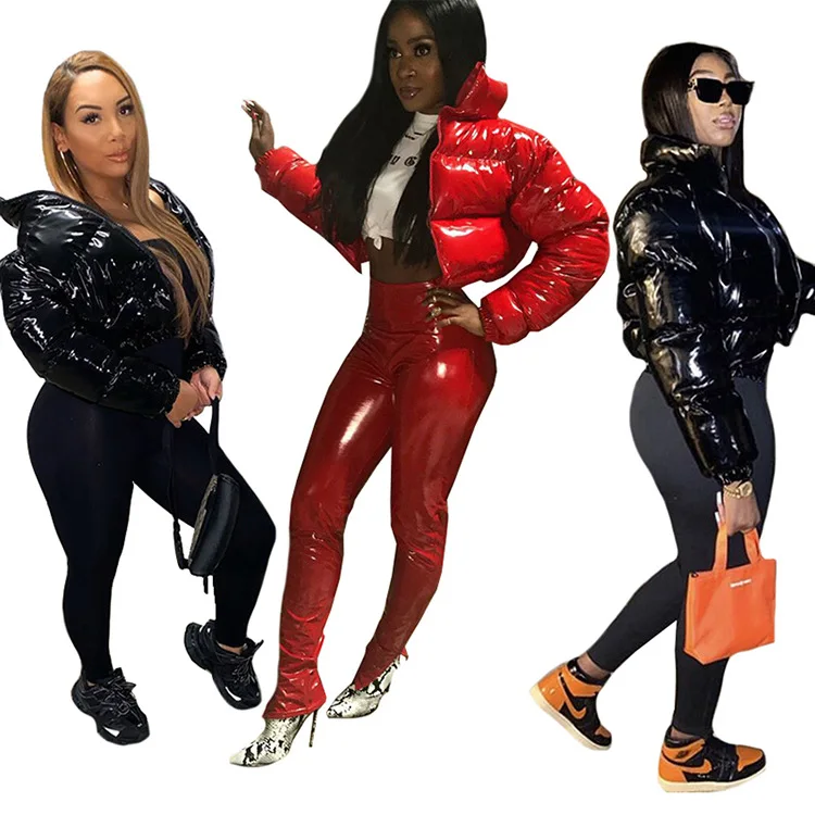 Женская зимняя куртка из искусственной кожи с пышными рукавами хлопковая