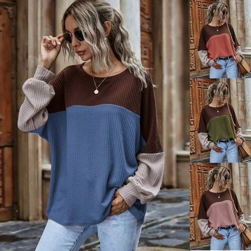 

Contrast stitched waffle long sleeve casual top women's