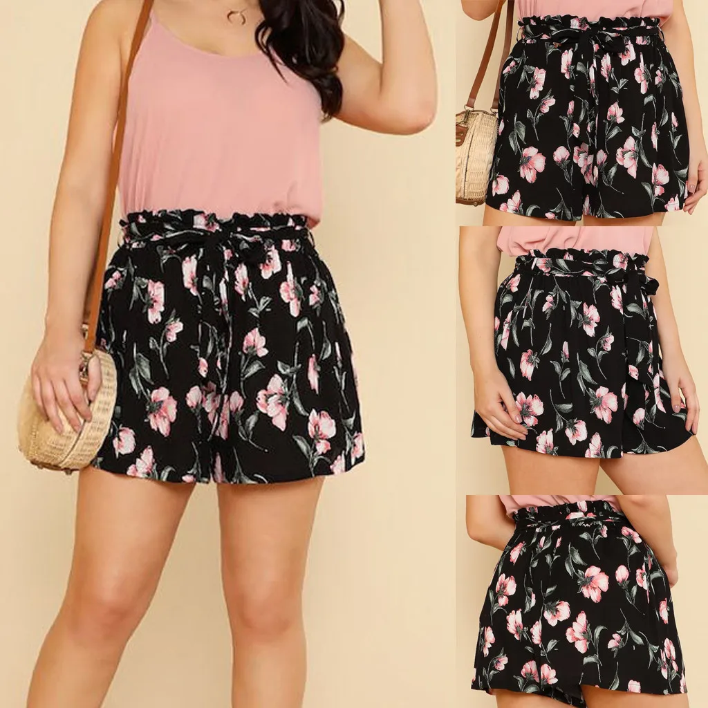 Женские шорты с завышенной талией цветочные свободные на шнуровке модные