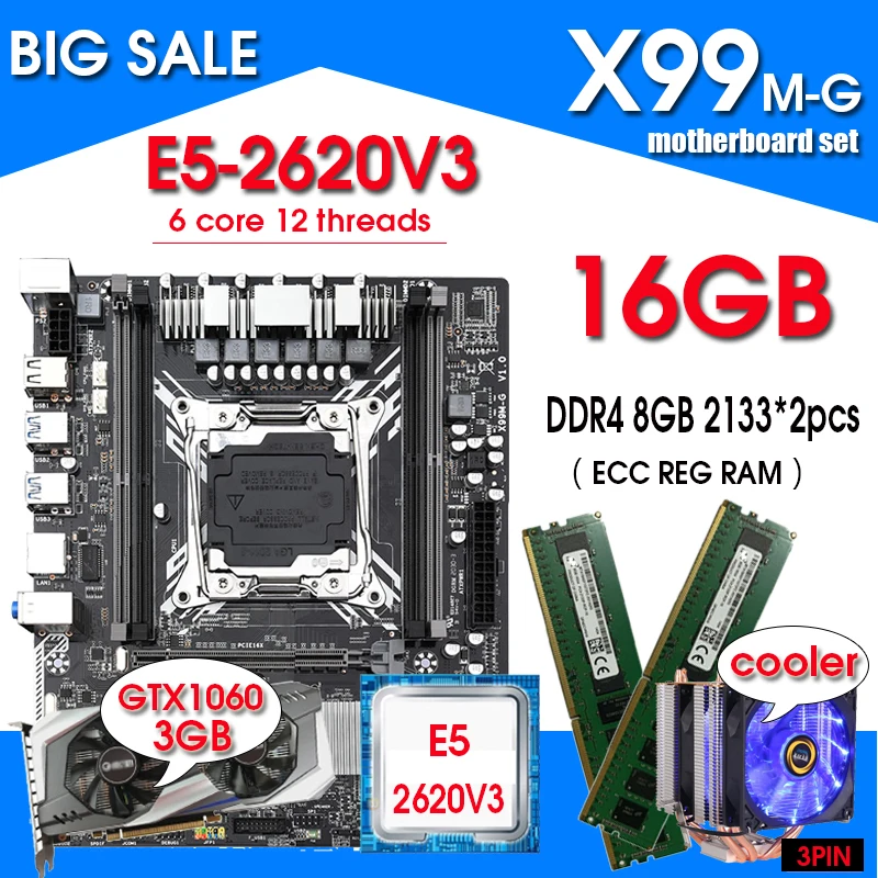 

Материнская плата X99 с Intel XEON E5 2620 V3 2*8G 2133 МГц DDR4 RECC память GTX1060 3 ГБ и комплект охладителя