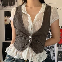 y2k aesthetic vintage corset tank tops fairycore grunge retro button up sleeveless crop top women harajuku mini vest tuxedo