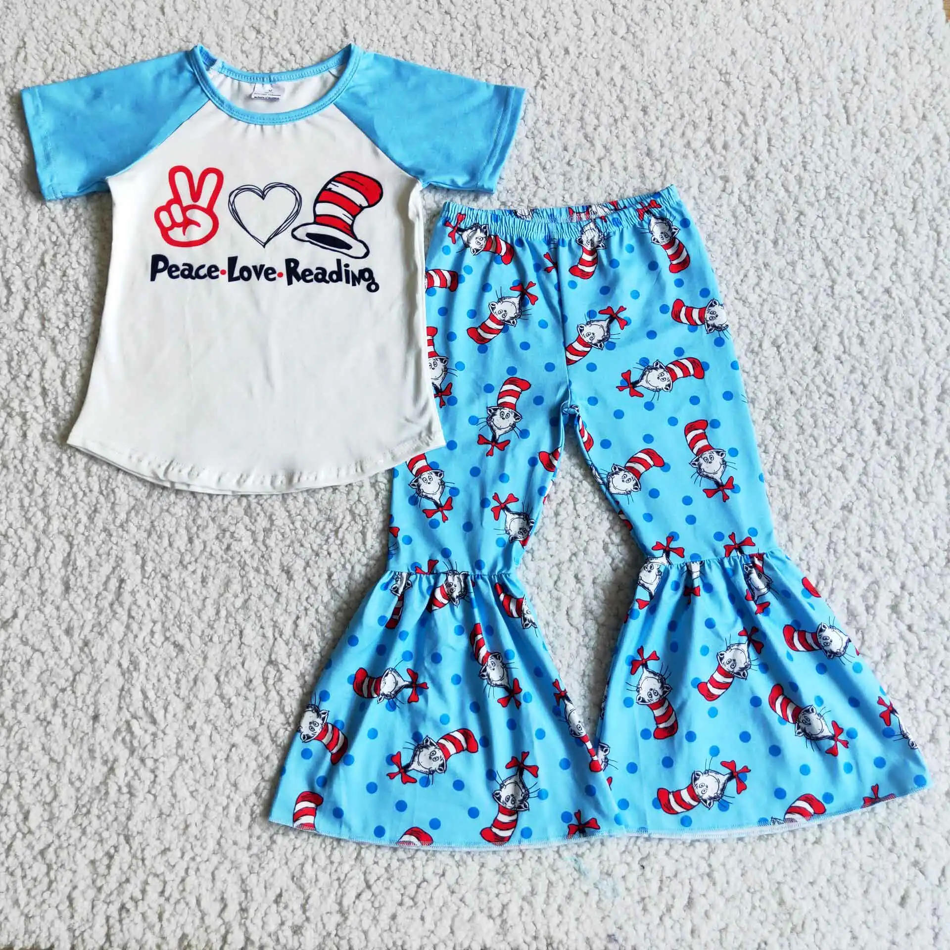 

Summer Autumn Love Gesture Print Light Blue Short Sleeves And Pants Girls' Clothing