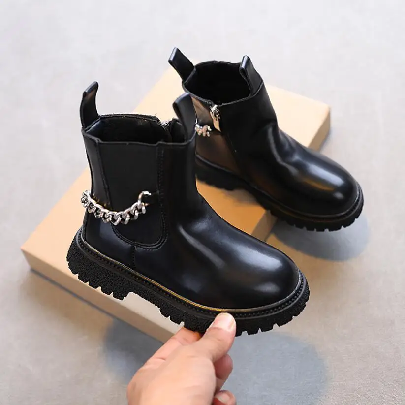 

New Style Children's Chain Decoration Casual Sports Martin Boots With Fur Zipper Girls Leather Comfortable Non-Slip Sneakers