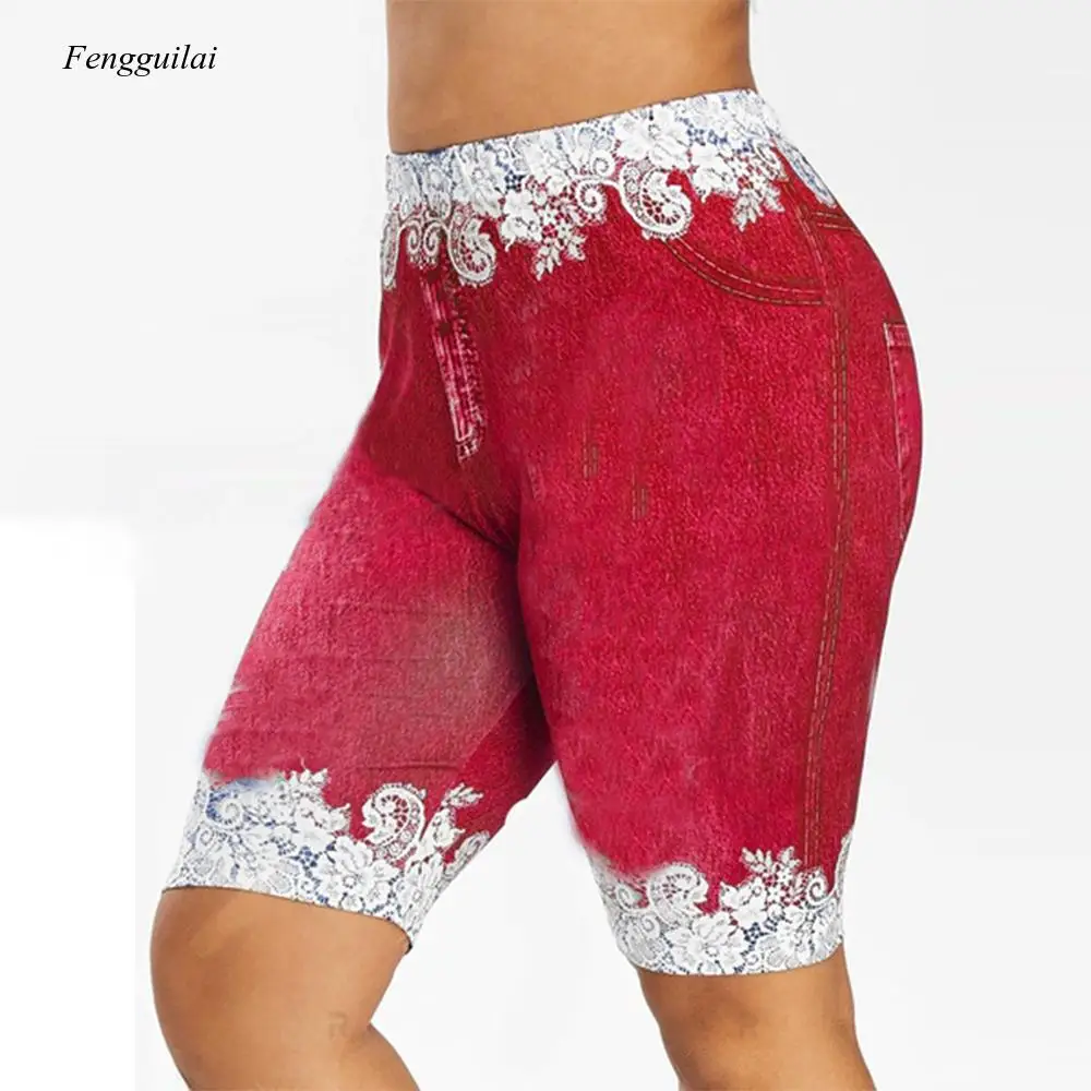 

Plus Size Women Pants Shorts Leggings Summer Fake Denim Ladies Short Pants Summer Floral Printed High Waist Female Shorts