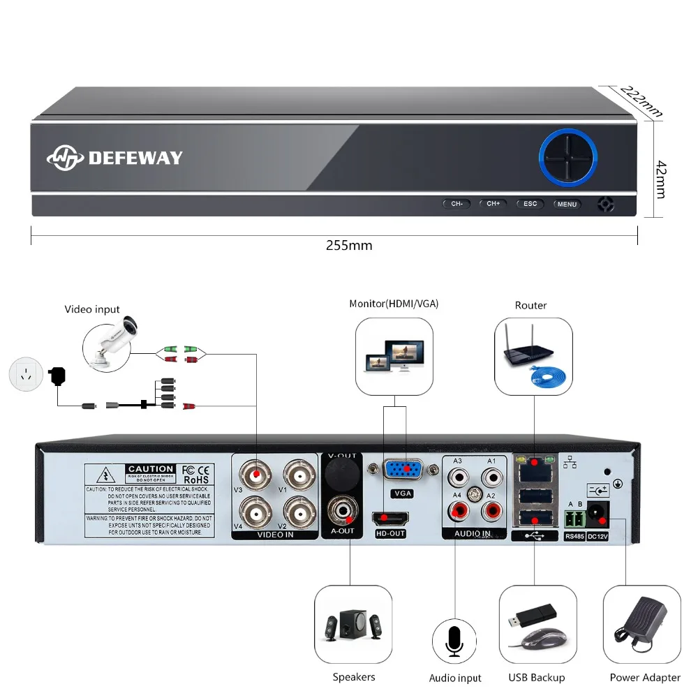 Комплект кабельного видеонаблюдения HD DEFEWAY формата качества 1080P, включающий в себя 4-канальный видеорегистратор, 4 камеры формата 720P 1200ТВЛ