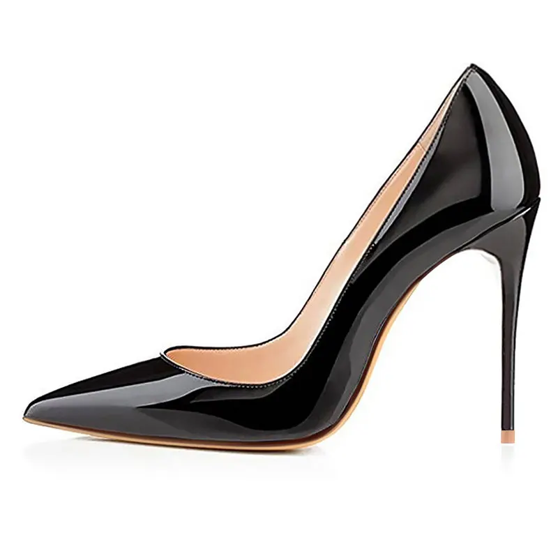 10CM BLACK HEELS GENSHUO/Женская обувь на тонком высоком каблуке-шпильке с острым носком из лакированной кожи большие размеры 12 брендовые свадебные туфли-лодочки Белый шпилька Неглубокие насосы для вечеринки каблуки лодочки туфли - Цвет: 10CM BLACK HEELS