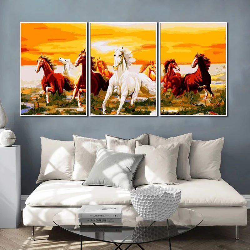 

Gatyztory 3PCS Eight Running Horses Paint By Numbers HandPainted Canvas Painting For Living Room Decor 40x50CM