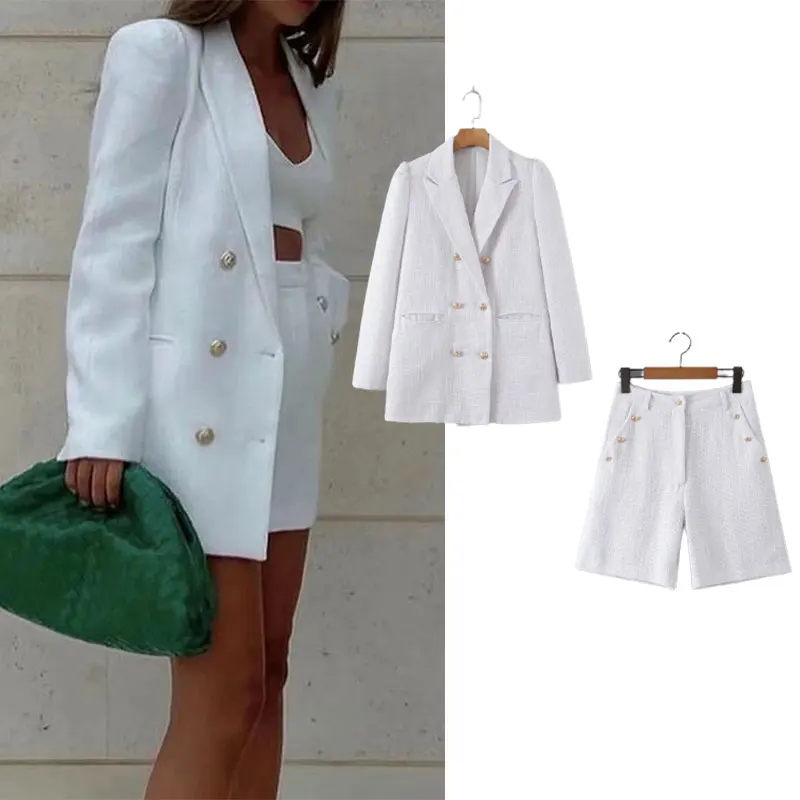 

2021 Women's Autumn Woollen Puff Sleeve White Blazer Office High Street Ladies Casual Shorts Business Suit