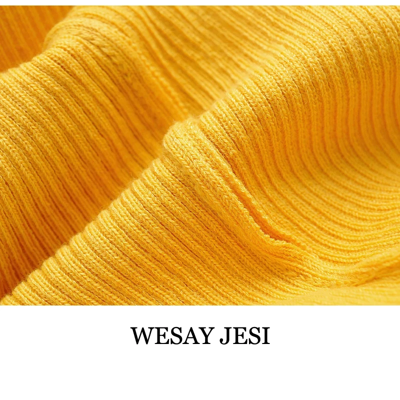

WESAY JESI Female T-Shirt Spring 2021 New Fashion V-neck Sexy Yellow Tops One-Shoulder Asymmetric Design Knit Women Clothing