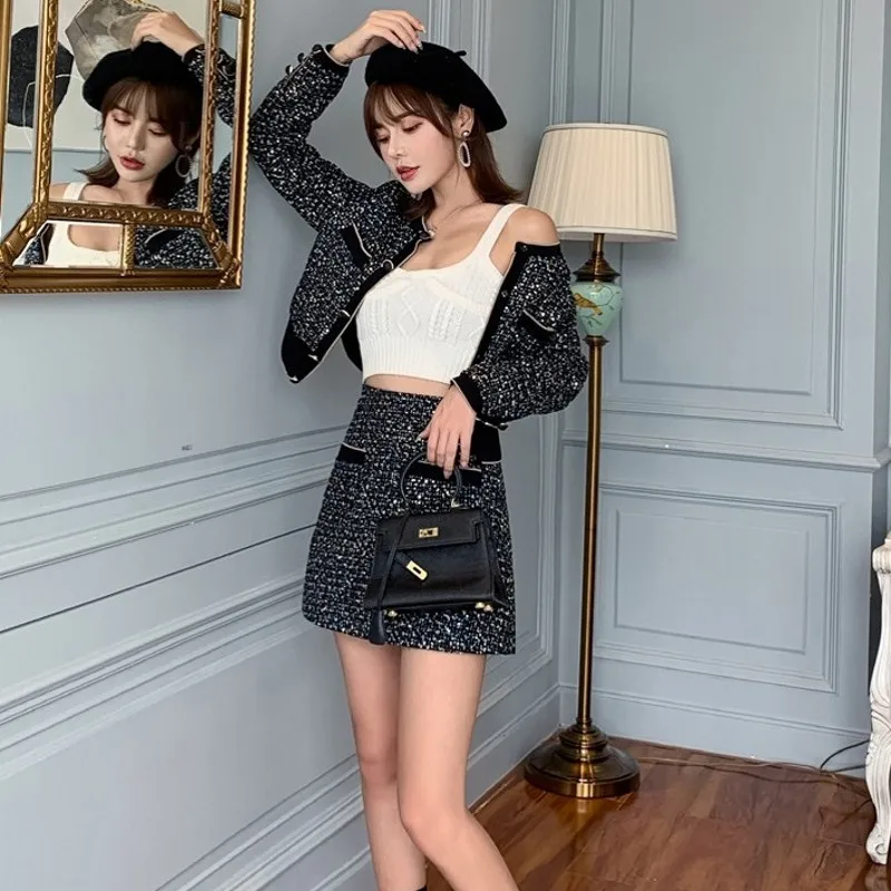 

Elegant Slim Fit Womens Coats Skirts Tweed 2Pcs Outfits Long Sleeve Single Breasted O-Neck Short Coats High Waist A-Line Skirts