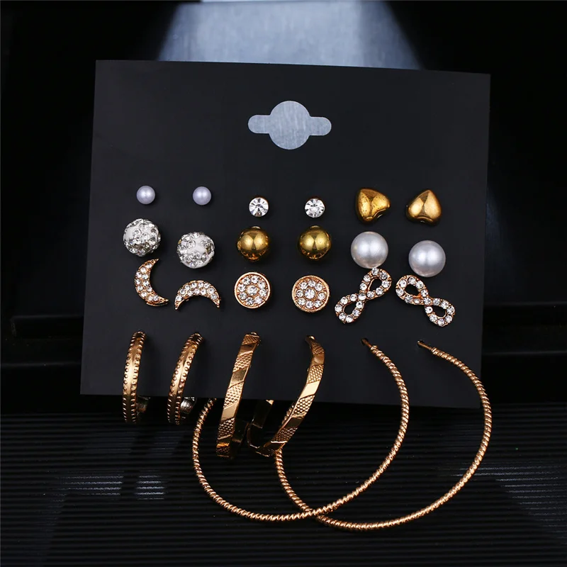 

12 pcs/set Earrings Set For Women Big Round Ring Moon Star Pearl Crystal Bowknot Geometric Metal Stud Earrings Fashion Jewelry