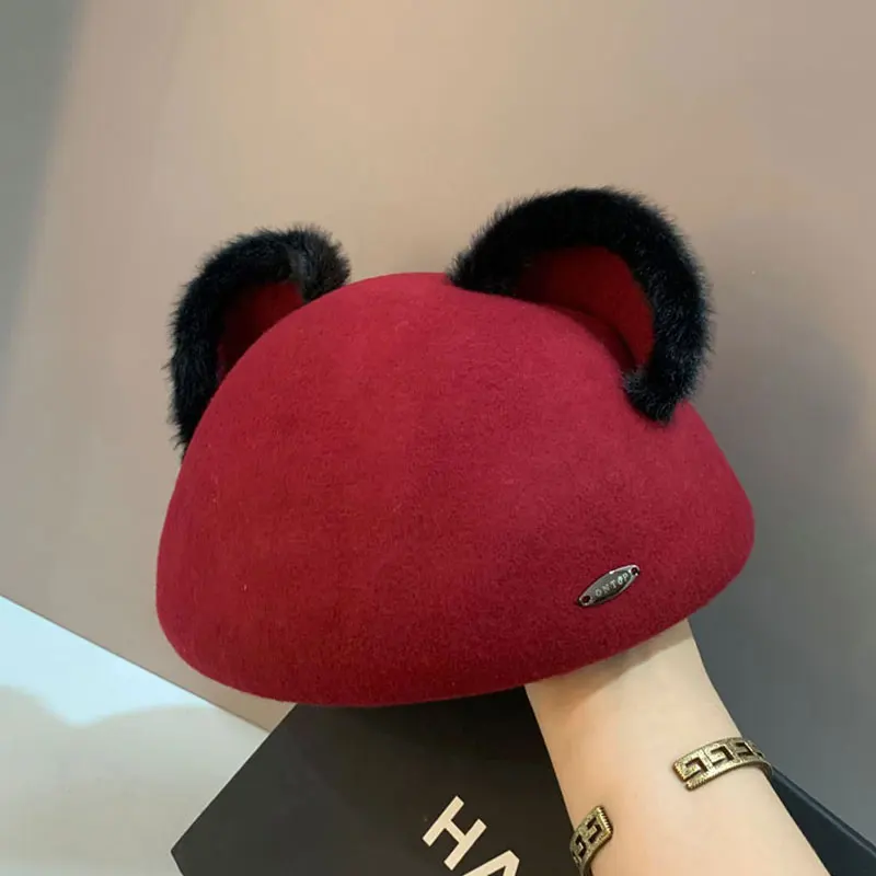 

Женский фетровый берет с кроличьими ушками, теплая Повседневная фетровая шляпа в Корейском стиле, Осень-зима