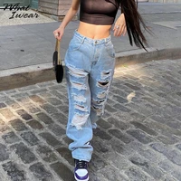 women casual jeans fashion hole pants high waist straight pant zipper streetwear clothes femme bottoms lady trousers fall new