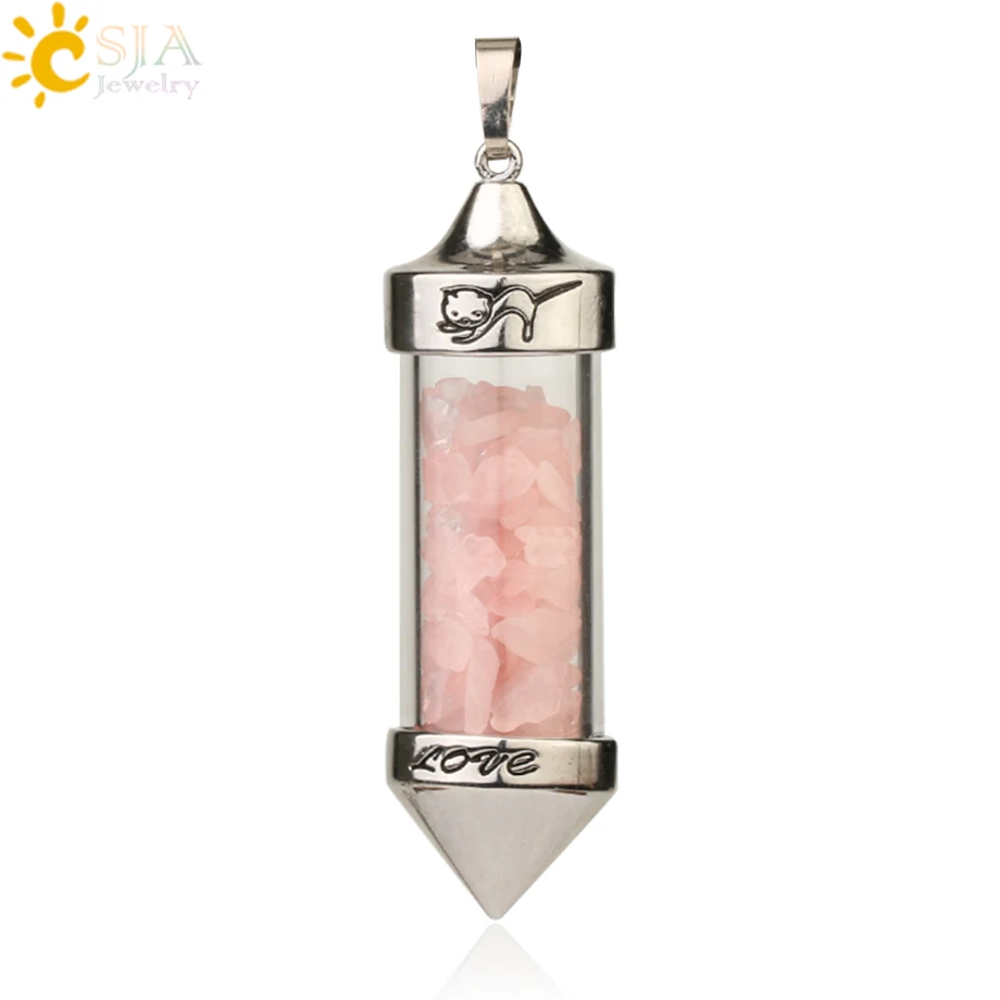 Rose Quartz Csja желая Подвески с флаконами ожерелья натуральный камень Гравий в форме пули кулон Романтическая любовь юбилей подарок для женщин G184 - Окраска металла: Rose Quartz