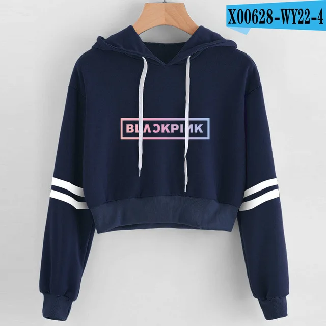 navy blue Женская укороченная толстовка с капюшоном черного и розового цвета, женская сексуальная укороченная Толстовка harajuku черного и розового цветов, уличная куртка, одежда KPOP - Цвет: navy blue