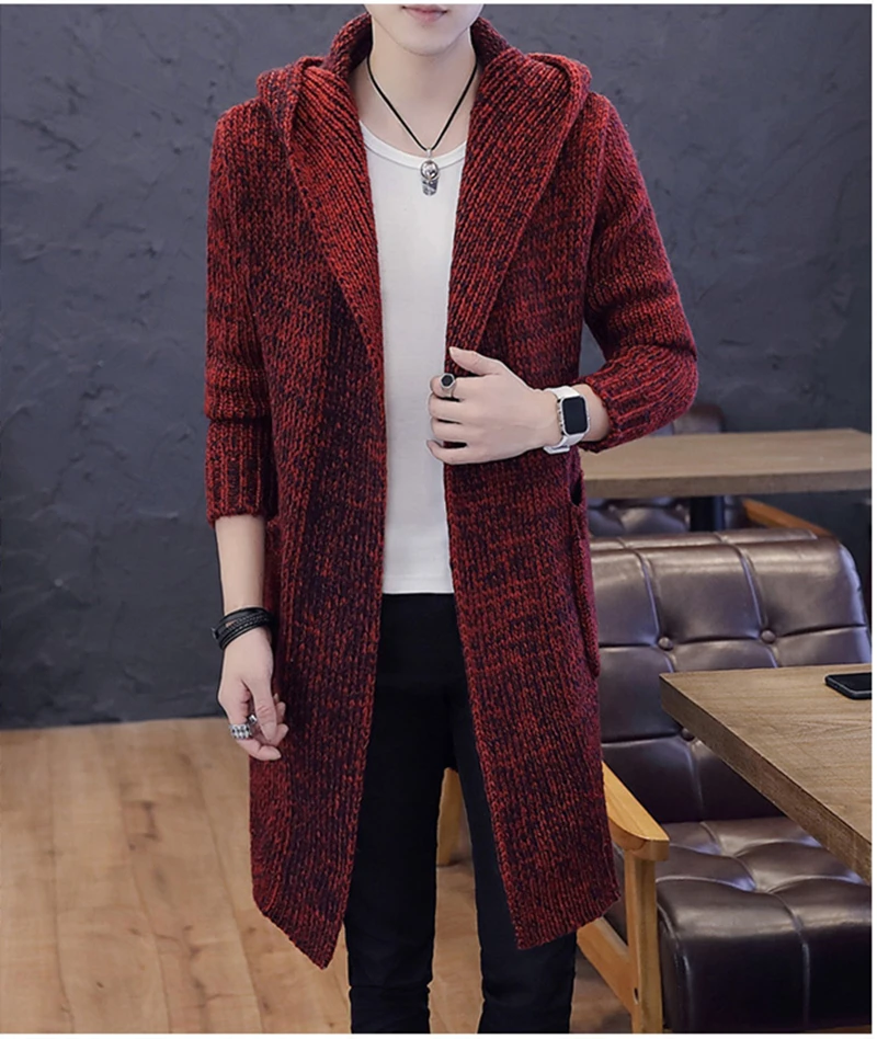 2019 осень зима новый мужской длинный свитер однотонный рукав с капюшоном пальто