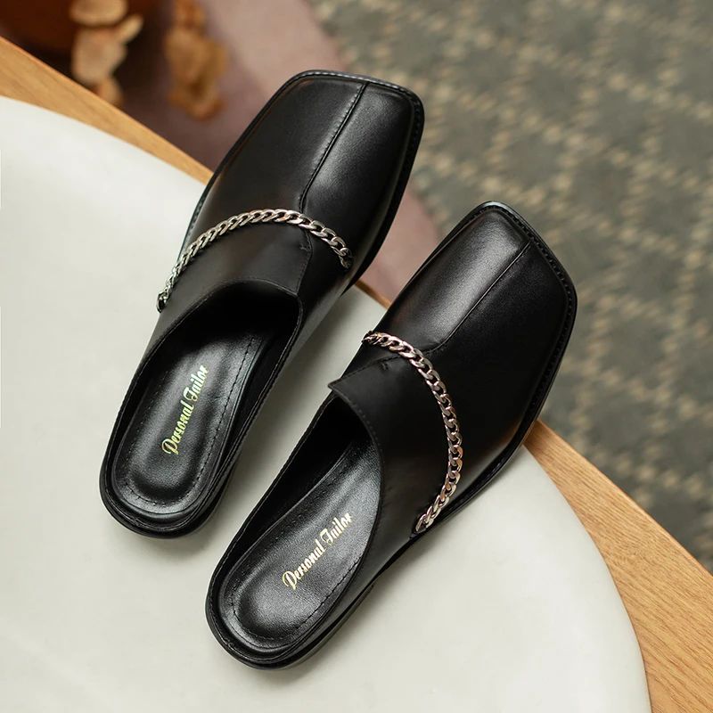 

Classic Women Mules Metal chain Decoration Platform Genuine Leather Women Flat Shoes 2021 Summer Working Casual Shoes Woman