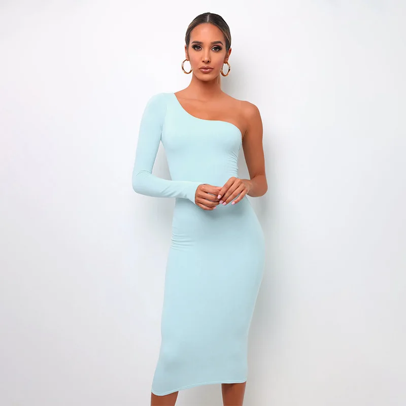 

2020 Autumn New Women's Elegant Solid Color Single-Sleeve Cross-Shoulder Backless High Waist Closed Hip Young Wind Dress