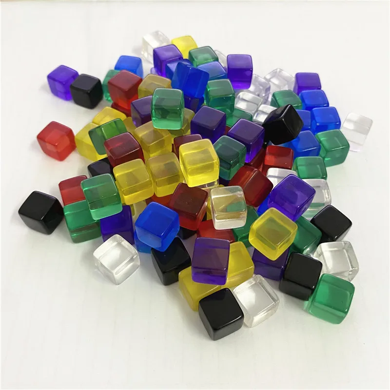 

50 шт./компл. 10 мм прозрачные цветные хрустальные кубики блоки пустые D6 кубики шахматы кубики с прямоугольным ситечком для головоломки насто...