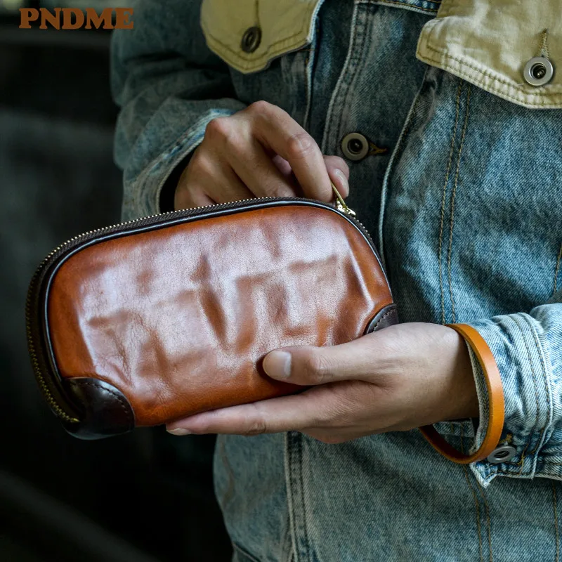 PNDME high quality luxury natural genuine leather men's clutch bag fashion vintage simple real cowhide card holder phone wallet