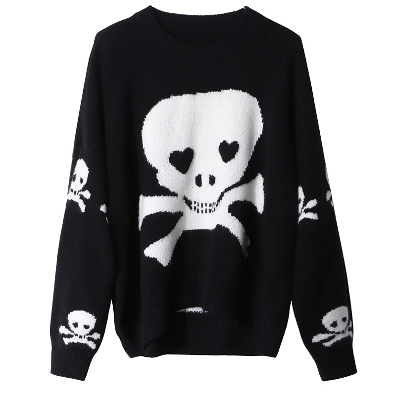 

Skull Print Knitted Sweater Men Women Harajuku Loose Front Short Back Long Pullovers Hip Hop Casual Black Sweater Men Clothes