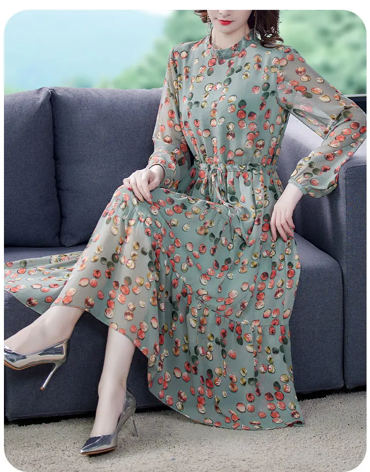 

2021 New Summer Women Elegant Vintage OL Lapel Dresses Fashion Office Lady Robe Female Polka Dot Chiffon Midi Vestidos B120