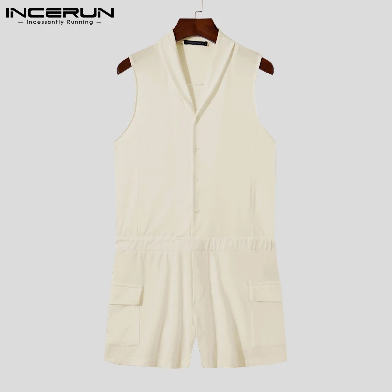 INCERUN Comfortable Homewear New Men's Onesies Casual Comfortable Solid Color Rompers Breathable Sleeveless Jumpsuit S-5XL 2023