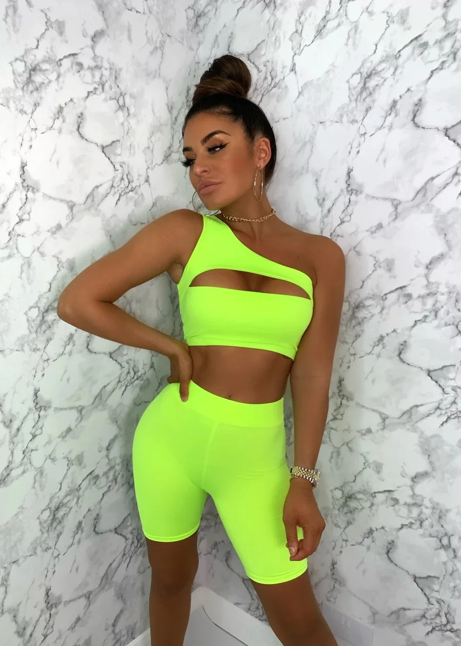 

2020 solid color ladies new oblique collar two-piece slim fit hip suit sportswear tights exercise sports tracksuit casual sexy