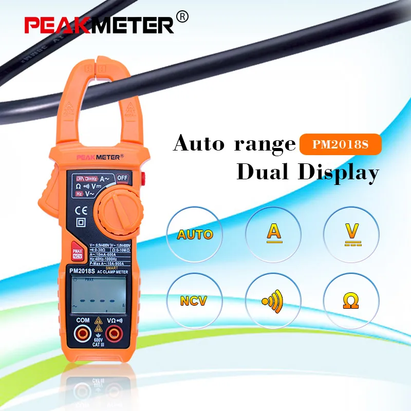 PEAKMETER PM2018S цифровой клещи Авто Диапазон переменного тока мультиметр с NCV двойной дисплей функция