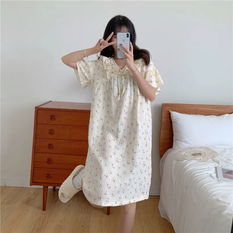 

Floral Print Summer Nightgown Women Ruffles Short Sleeve Loose V-Neck Casual Cotton Sleepwear Sweet Home Clothes Kawaii Vintage