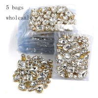 new arrival wholesale 5 bags mixed shape sew on glass crystal white rhinestones gold base for clothingdress
